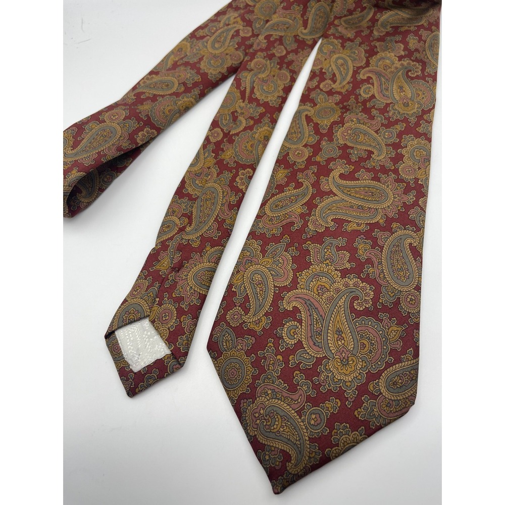 Mens Burgundy Paisley Silk Necktie Classic Gold Blue Pattern Formal Business Tie
